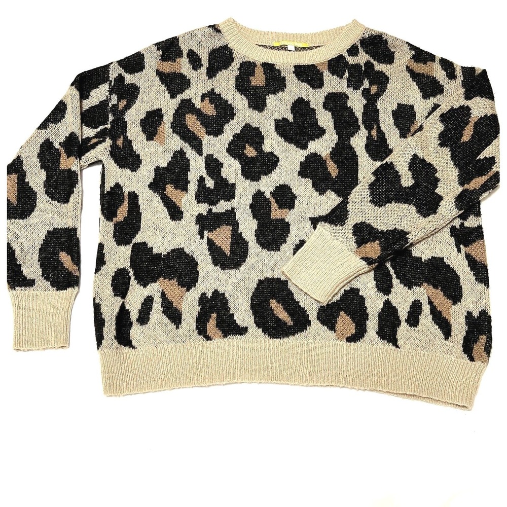 Gianni Bini Leopard Print Sweater Women Large Tan Black Crew Neck Excellent